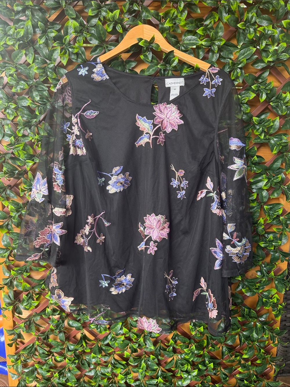 Catherines Black Floral Embroidered Sheer Tunic
